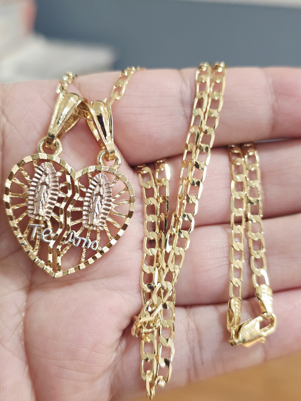 18k Gold Plated Heart Virgin Mary Double Pendant Necklace